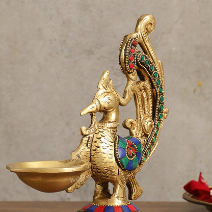 Peacock Brass Oil Lamp | 8 inches  Meenakari 8"