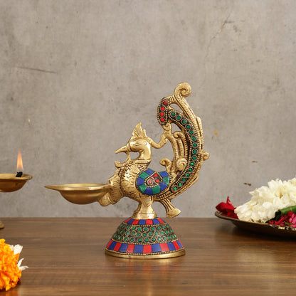 Peacock Brass Oil Lamp | 8 inches  Meenakari 8"