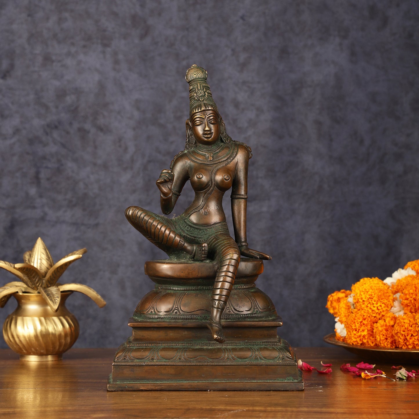 Pure Brass Superfine Seated Parvati Idol Bronze Finish - 11" Tall