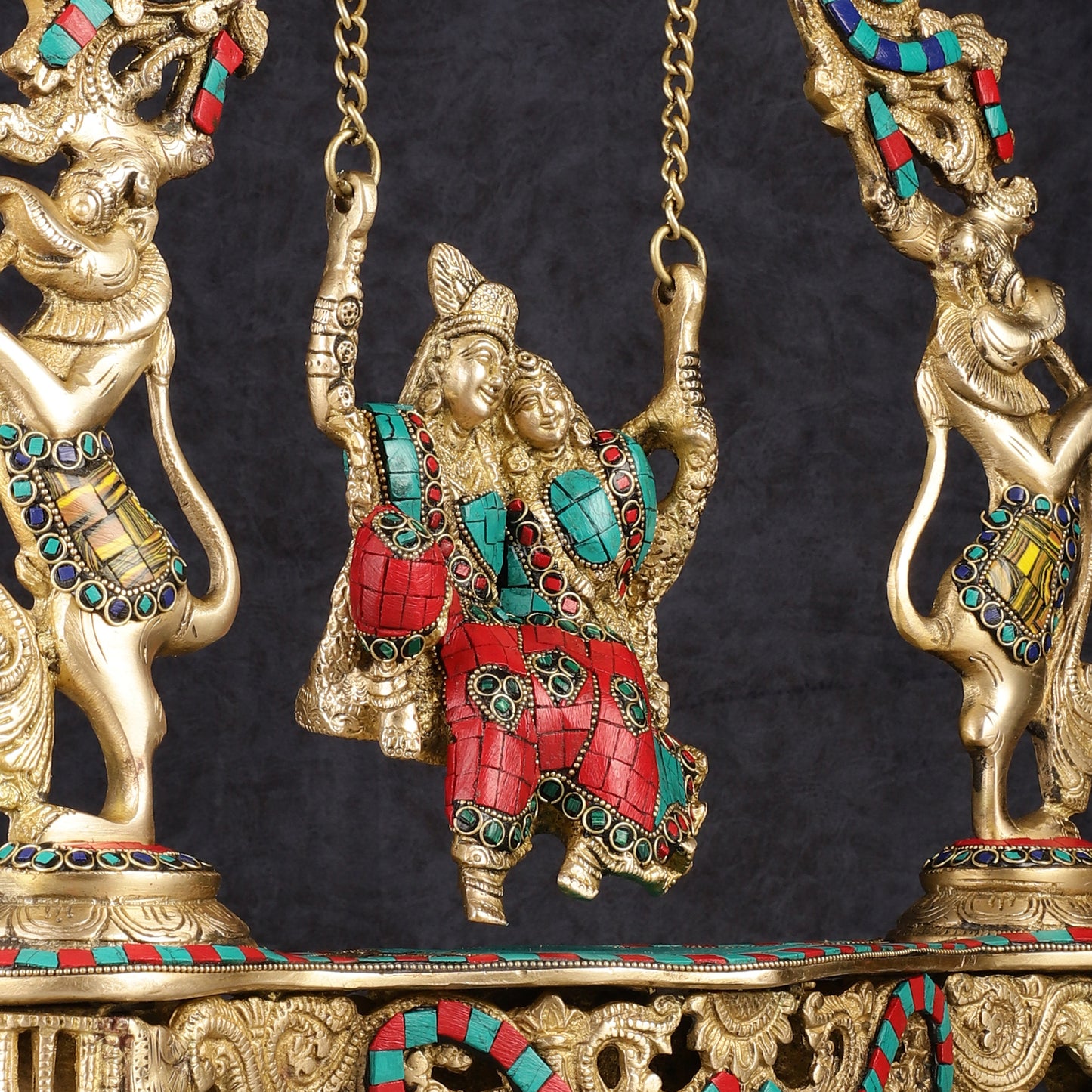 Pure Brass Radha Krishna on Swing - Handcrafted with Natural Stones 18 inch