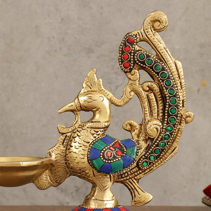 Peacock Brass Oil Lamp | 8 inches  Meenakari 8"