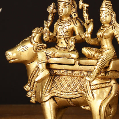 Exquisite Brass Shiva Parvati Seated on Nandi Statue - 6" Pradosh Idol