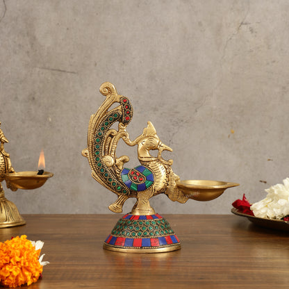 Peacock Brass Oil Lamp | 8 inches  Meenakari 8"