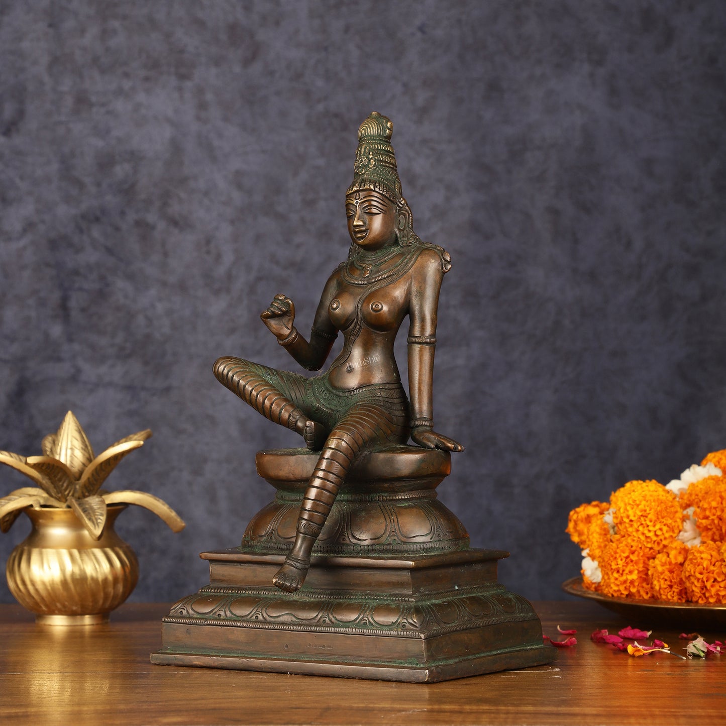 Pure Brass Superfine Seated Parvati Idol Bronze Finish - 11" Tall