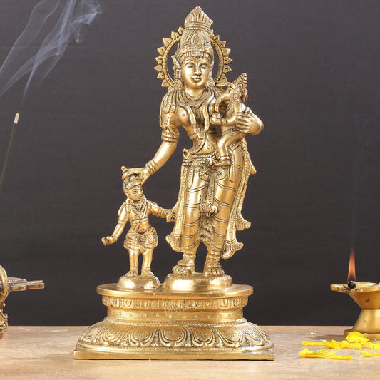 Graceful 11-Inch Brass Goddess Parvati with Ganesha and Kartikeya Statue