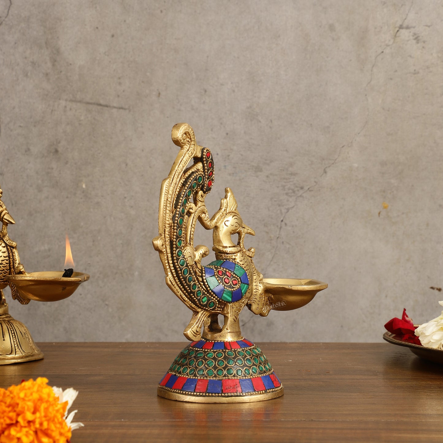 Peacock Brass Oil Lamp | 8 inches  Meenakari 8"