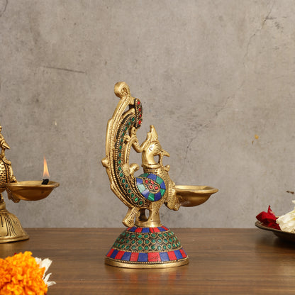 Peacock Brass Oil Lamp | 8 inches  Meenakari 8"