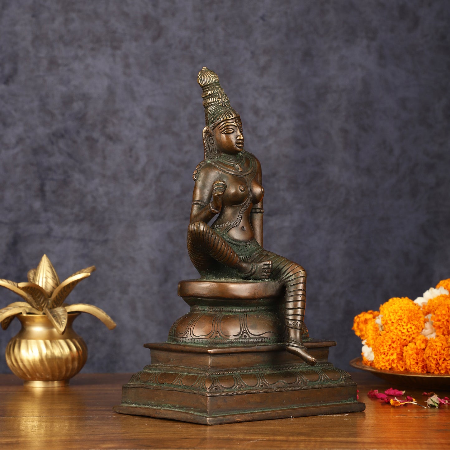 Pure Brass Superfine Seated Parvati Idol Bronze Finish - 11" Tall