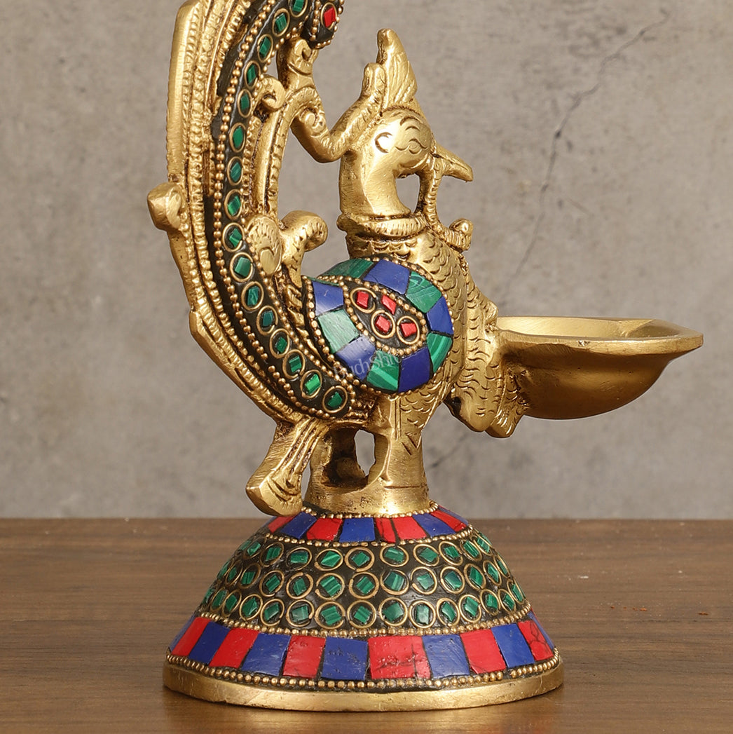 Peacock Brass Oil Lamp | 8 inches  Meenakari 8"