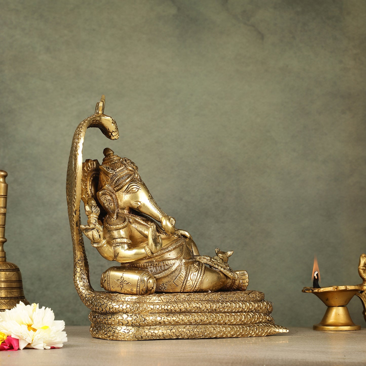 Brass Lord Ganesha Resting on Sheshanaaga 10 "