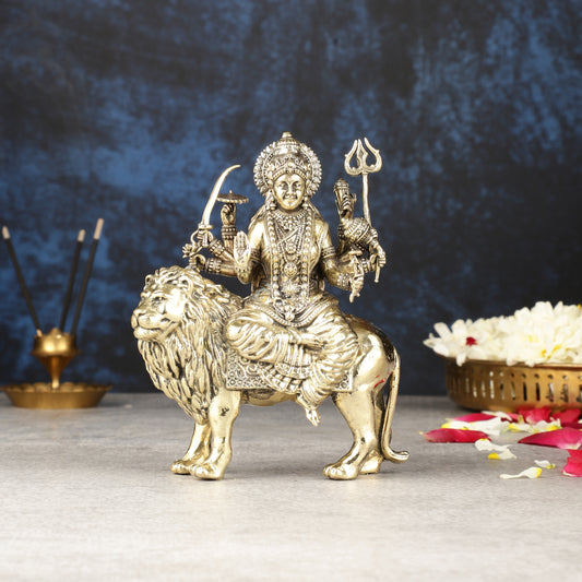 Intricate Lightweight Brass Goddess Durga Idol - 6-inch