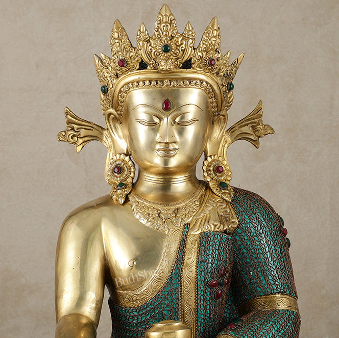 Brass Crown Buddha Statue with Copper Wire Work - 22 Inch