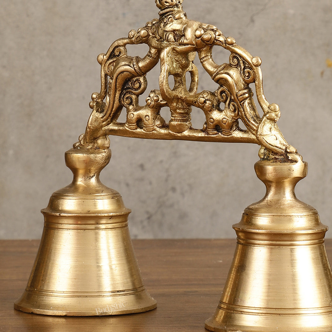 Pure Brass Double Handbell with Nandi Design - 6.5 Inch