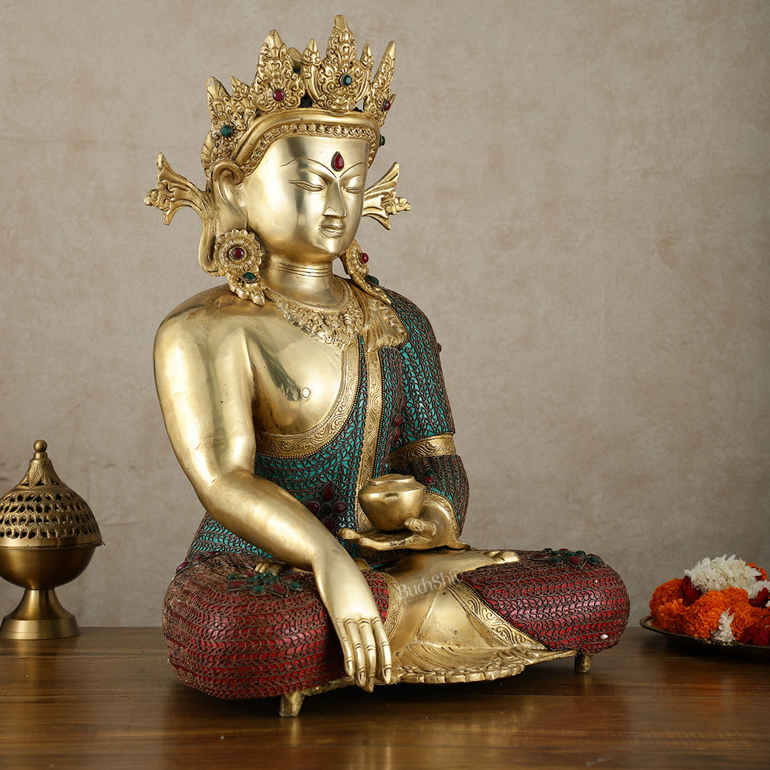 Brass Crown Buddha Statue with Copper Wire Work - 22 Inch