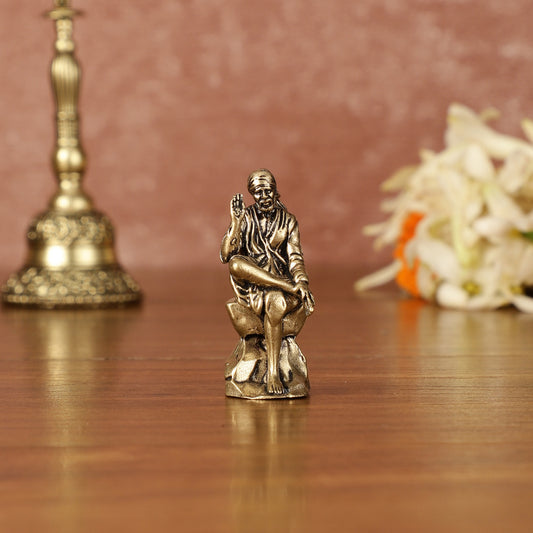 Pure Brass Superfine Miniature Sai Baba Idol - Intricately Carved - 2" Tall