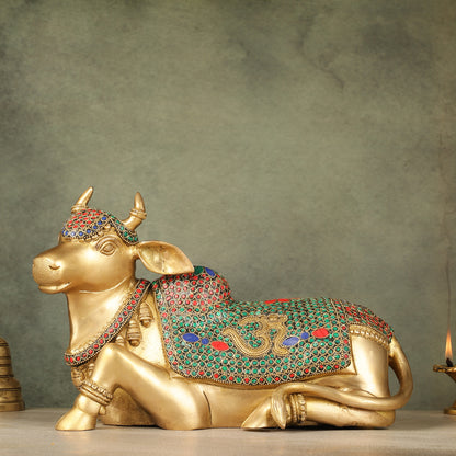 Handcrafted Brass Nandi Statue - 13.5 inch wide