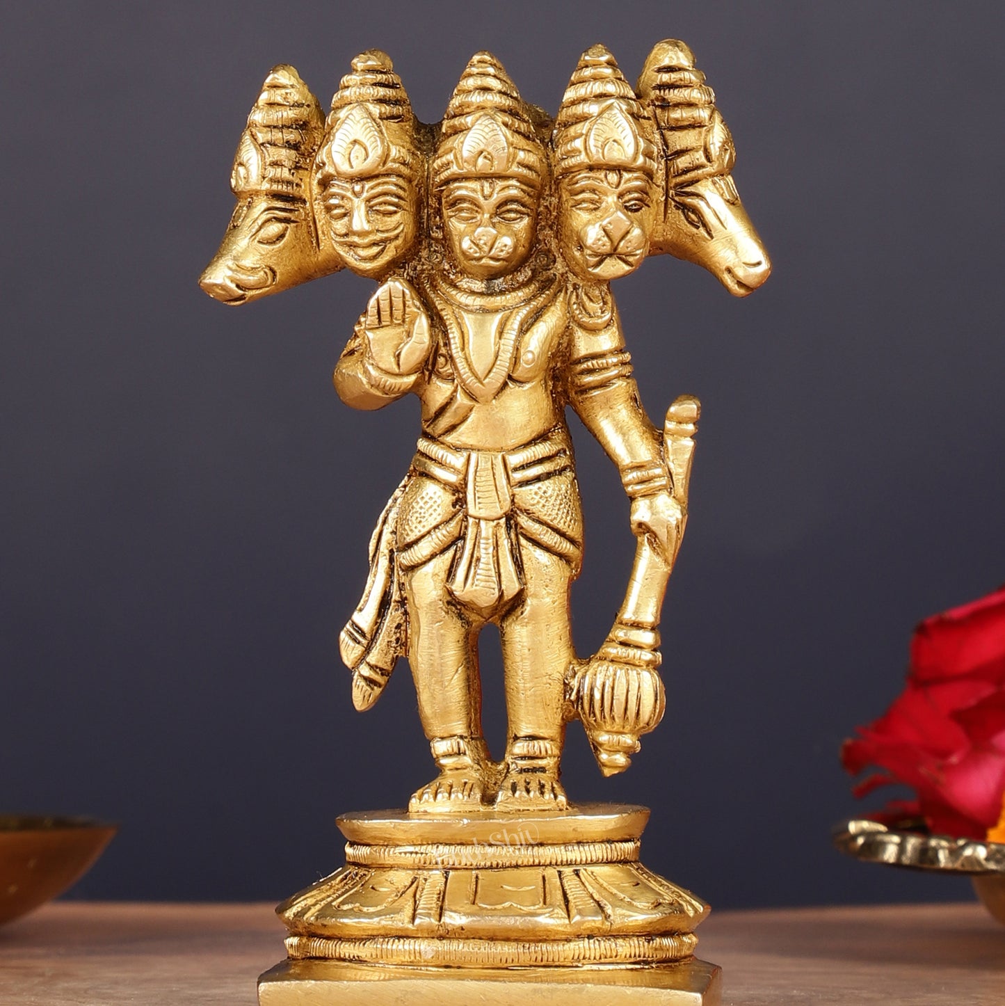 Brass Standing Panchmukhi Hanuman Murti | Height 5.5 inch matte