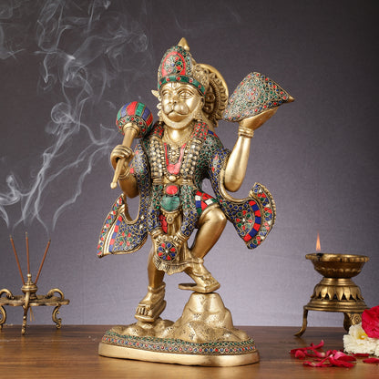 Pure Brass Lord Hanuman Sanjeevani Mountain Statue with Stonework - 15 inch