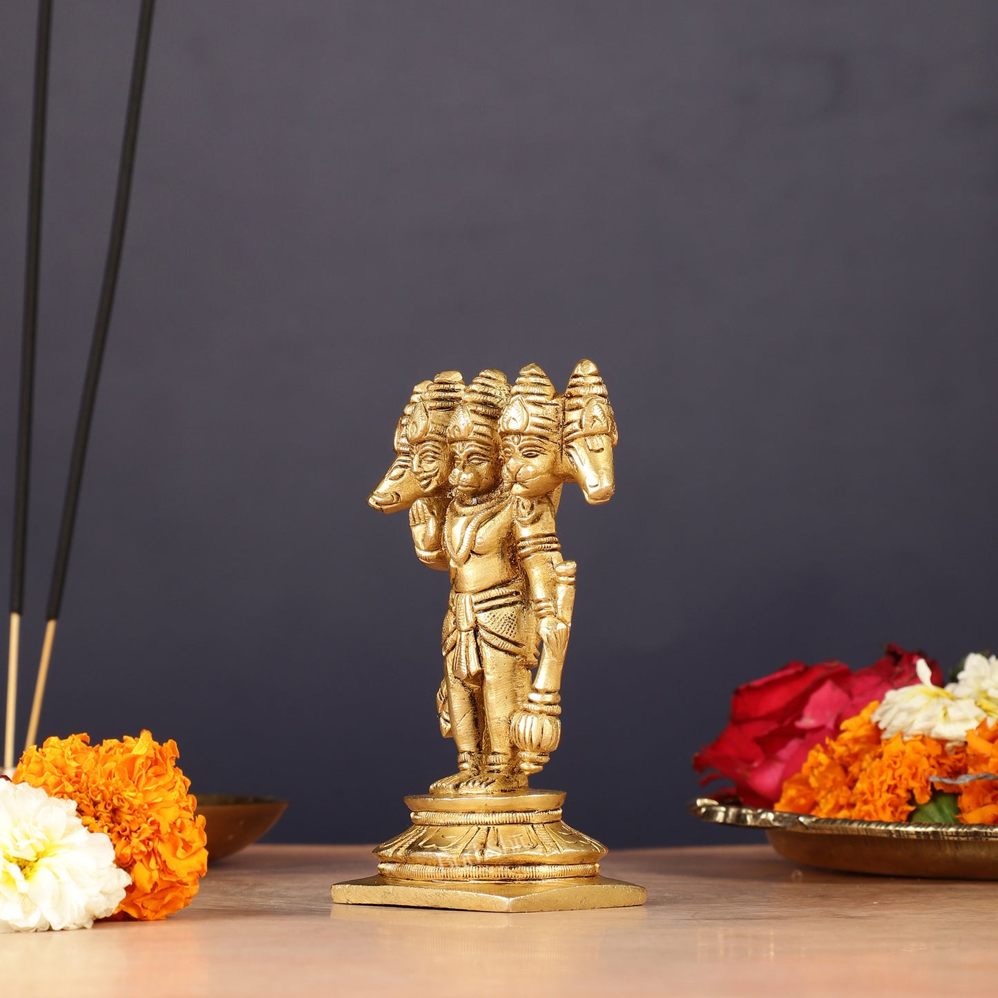 Brass Standing Panchmukhi Hanuman Murti | Height 5.5 inch matte