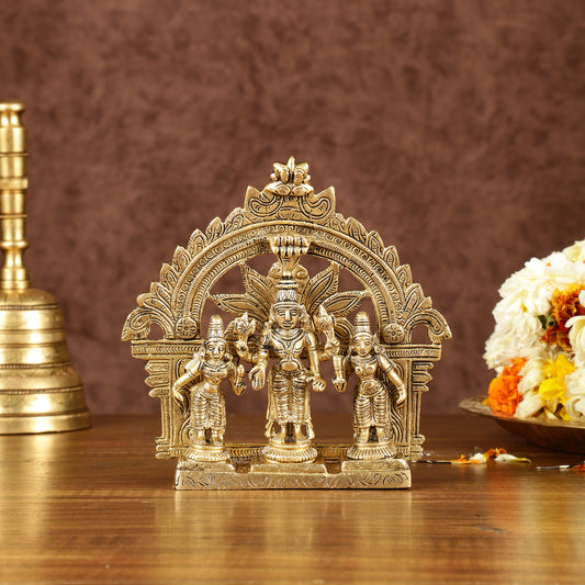 Divine Pure Brass Tirupati Balaji with Bhudevi and Sridevi Set with Thiruvarchi | Height: 5.5 inch