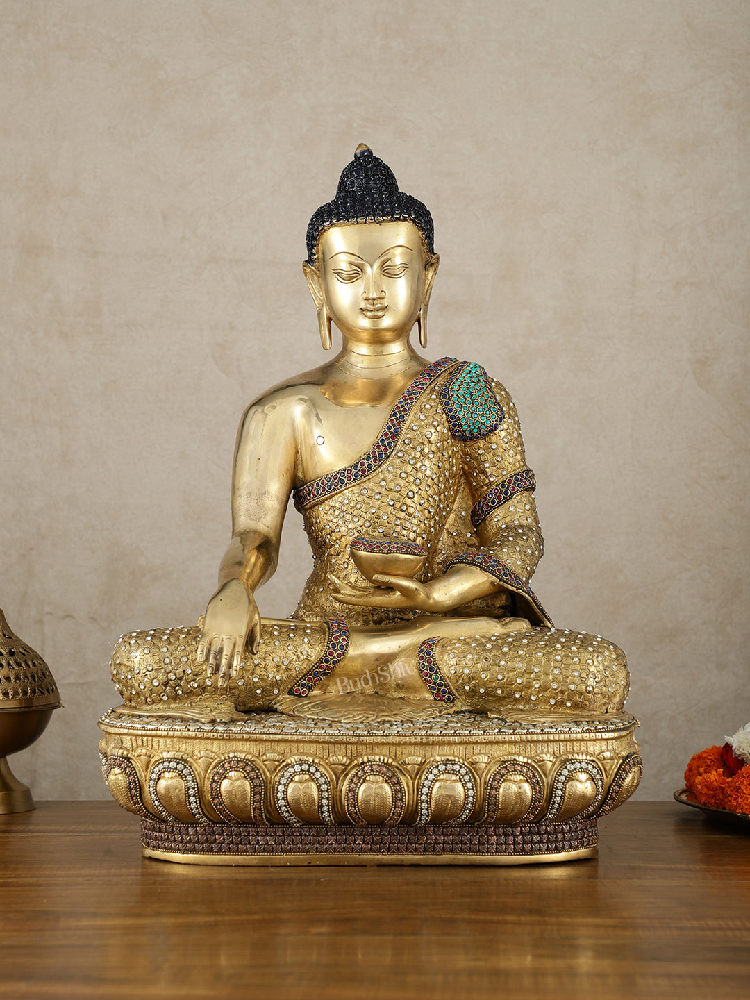 Brass Buddha Statue Bhumisparsha Mudra | 22" Tall | Nepalese inlay