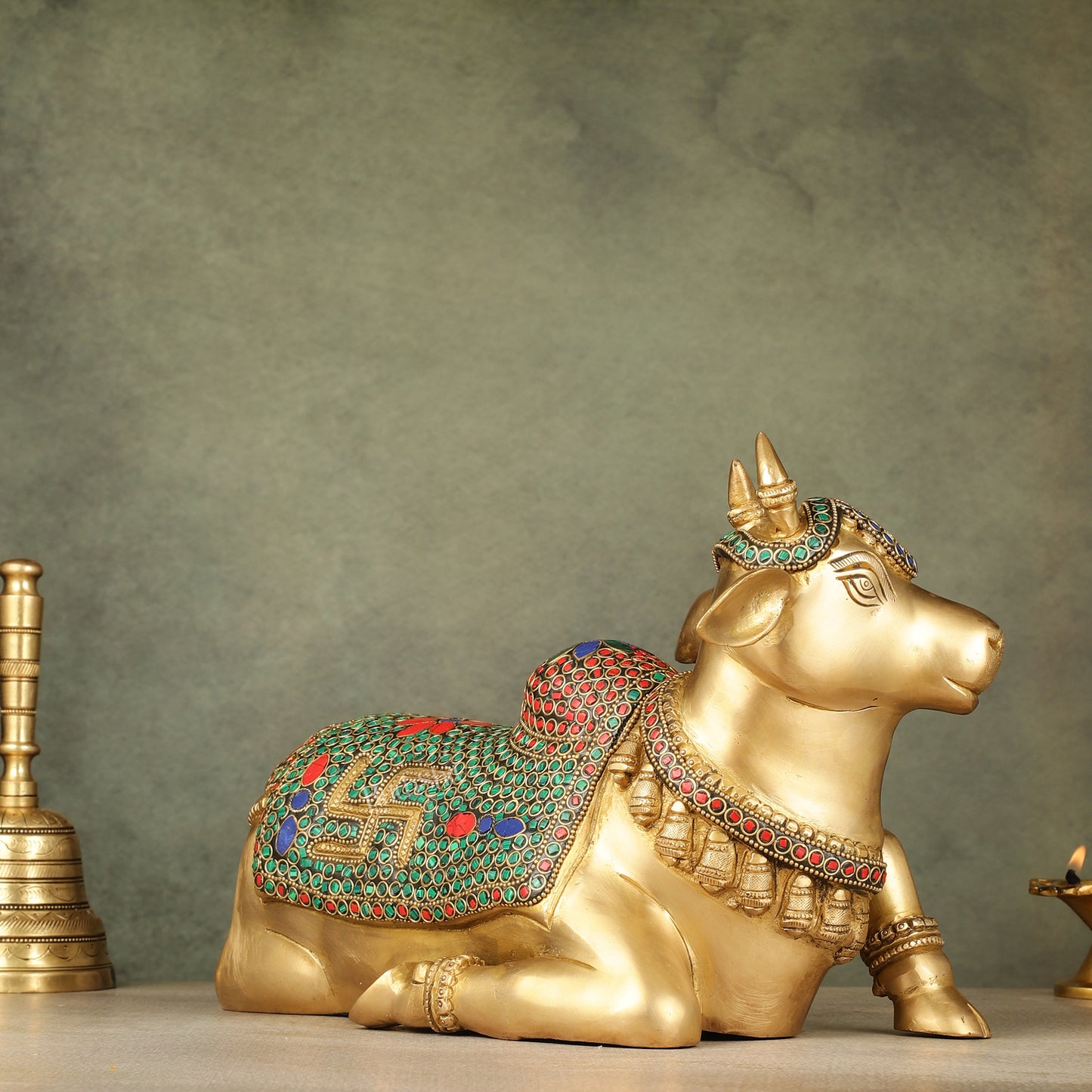 Handcrafted Brass Nandi Statue - 13.5 inch wide