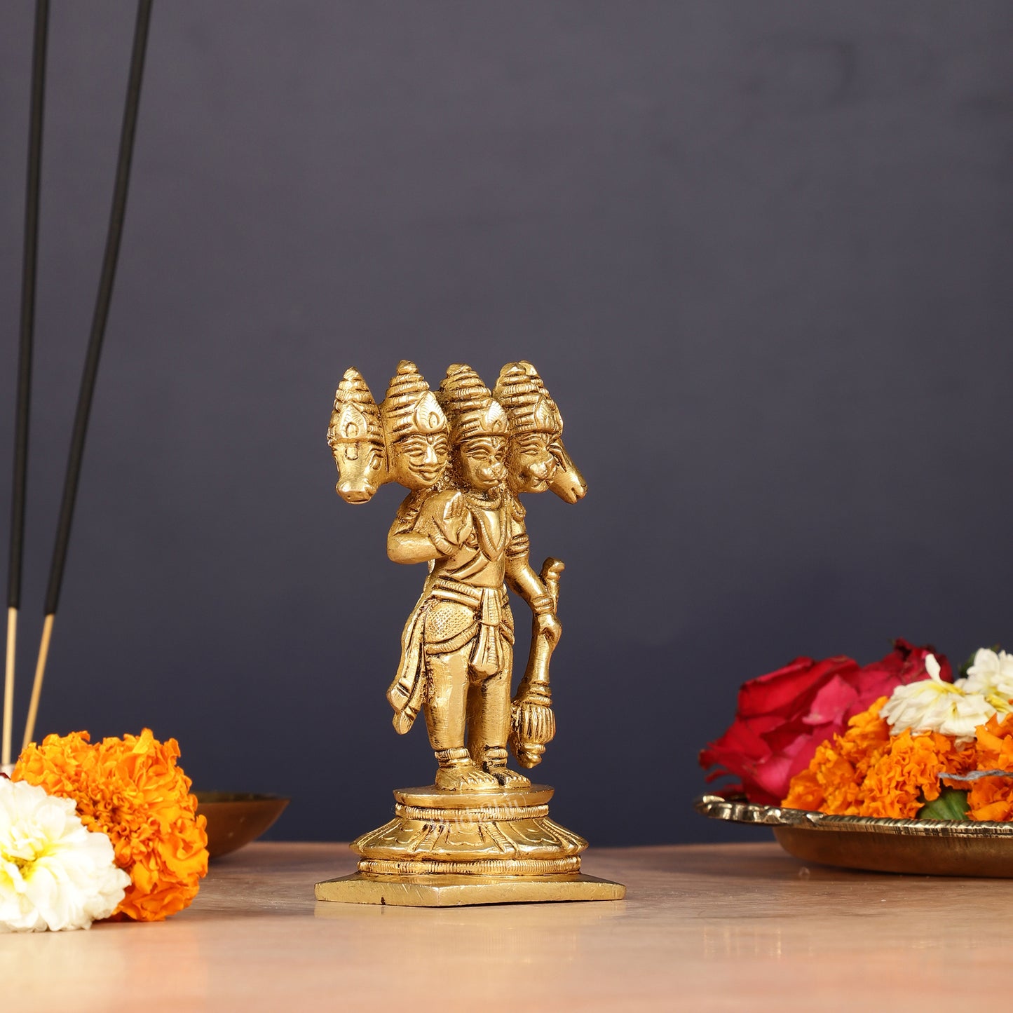 Brass Standing Panchmukhi Hanuman Murti | Height 5.5 inch matte