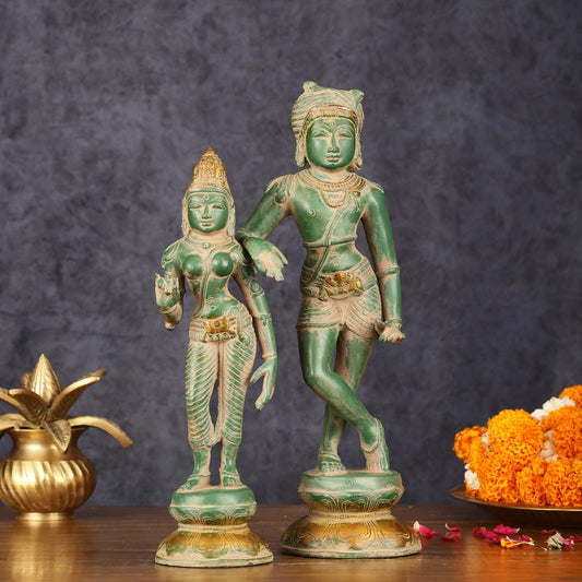 Pure Brass Vrishabhavahanamurti Shiva and Goddess Uma Parvati Statue Pair - Green Antique Patina Finish