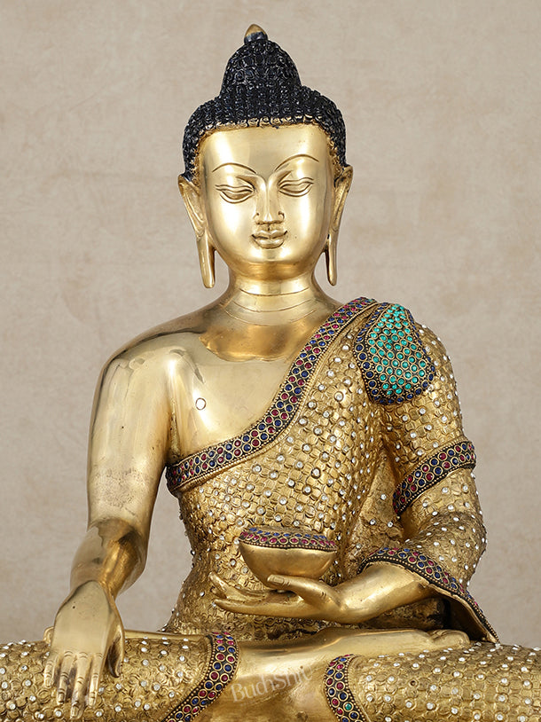 Brass Buddha Statue Bhumisparsha Mudra | 22" Tall | Nepalese inlay