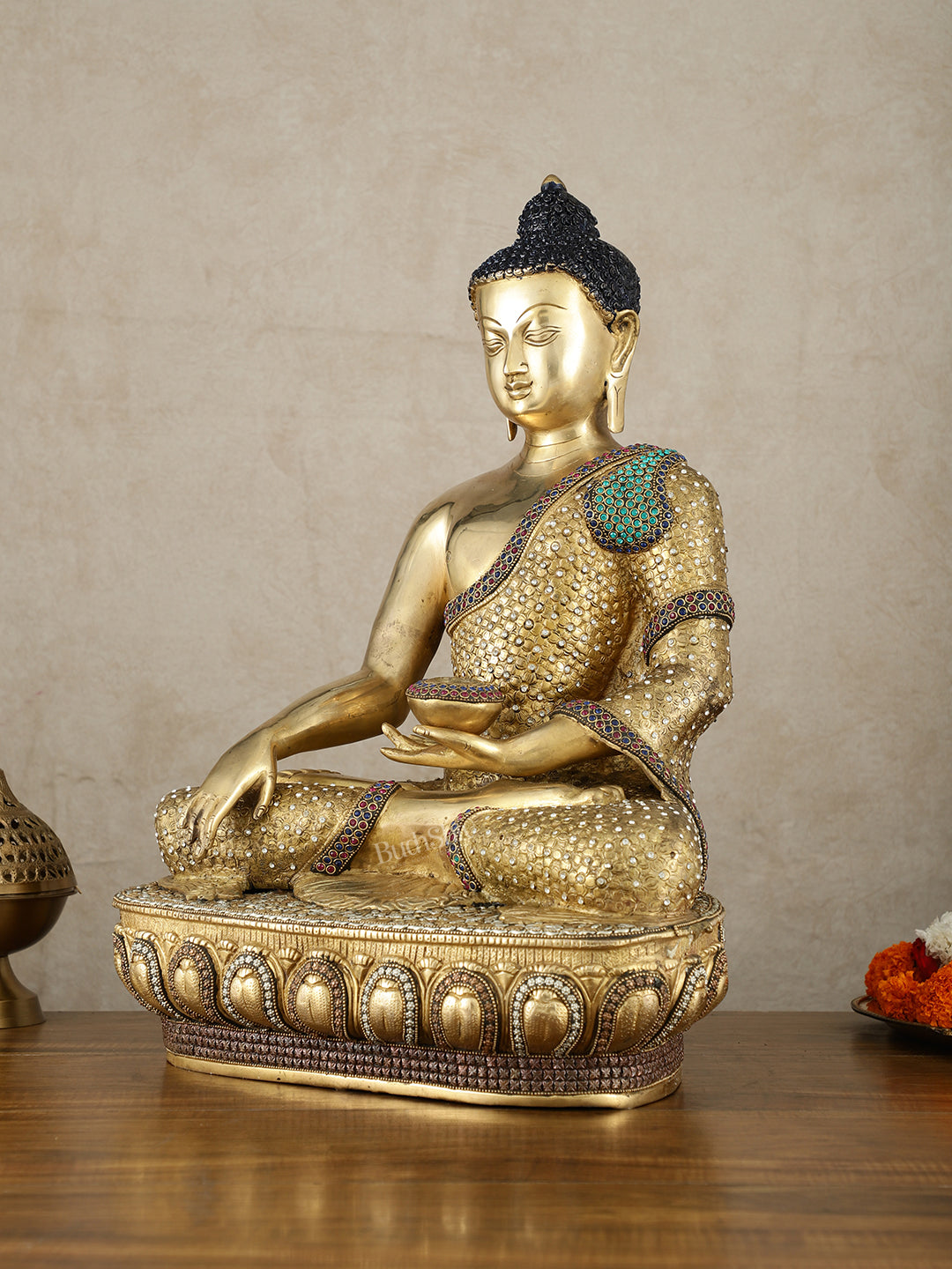 Brass Buddha Statue Bhumisparsha Mudra | 22" Tall | Nepalese inlay