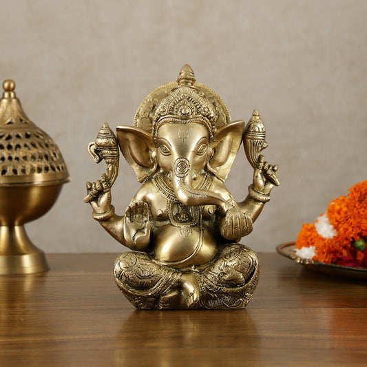 Brass Ganesha Idol with Sharp Features - 8 Inch