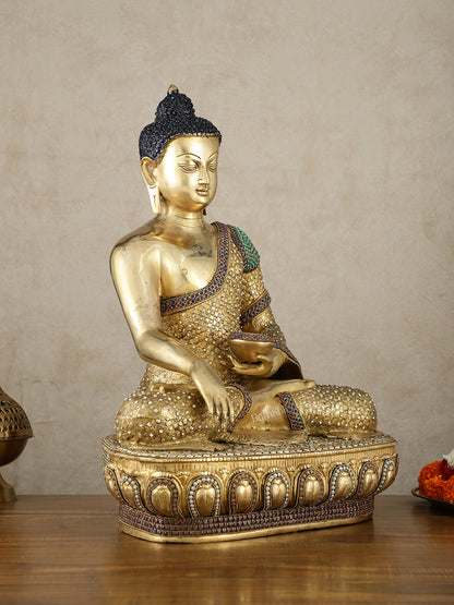 Brass Buddha Statue Bhumisparsha Mudra | 22" Tall | Nepalese inlay