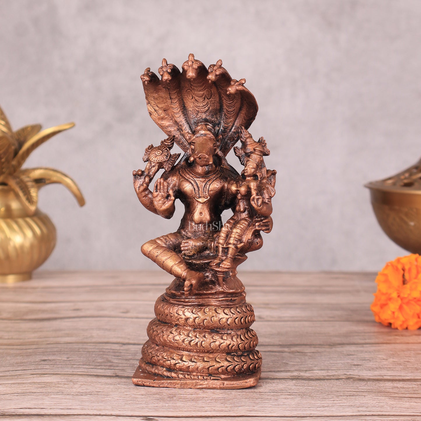 Pure Copper Hayagriva Lakshmi Idol Seated on Sheshnaag - 5.5 Inch