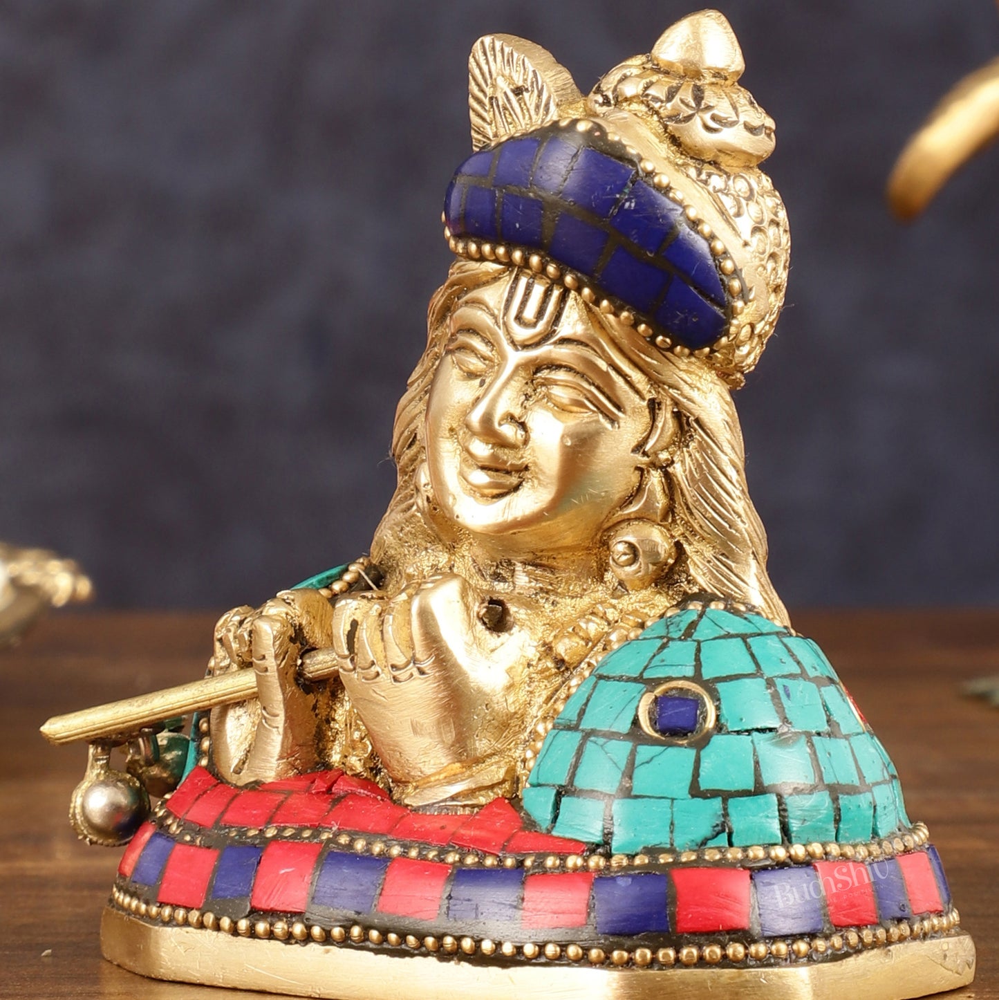 Brass Krishna Face Bust Showpiece - 3.5" Height