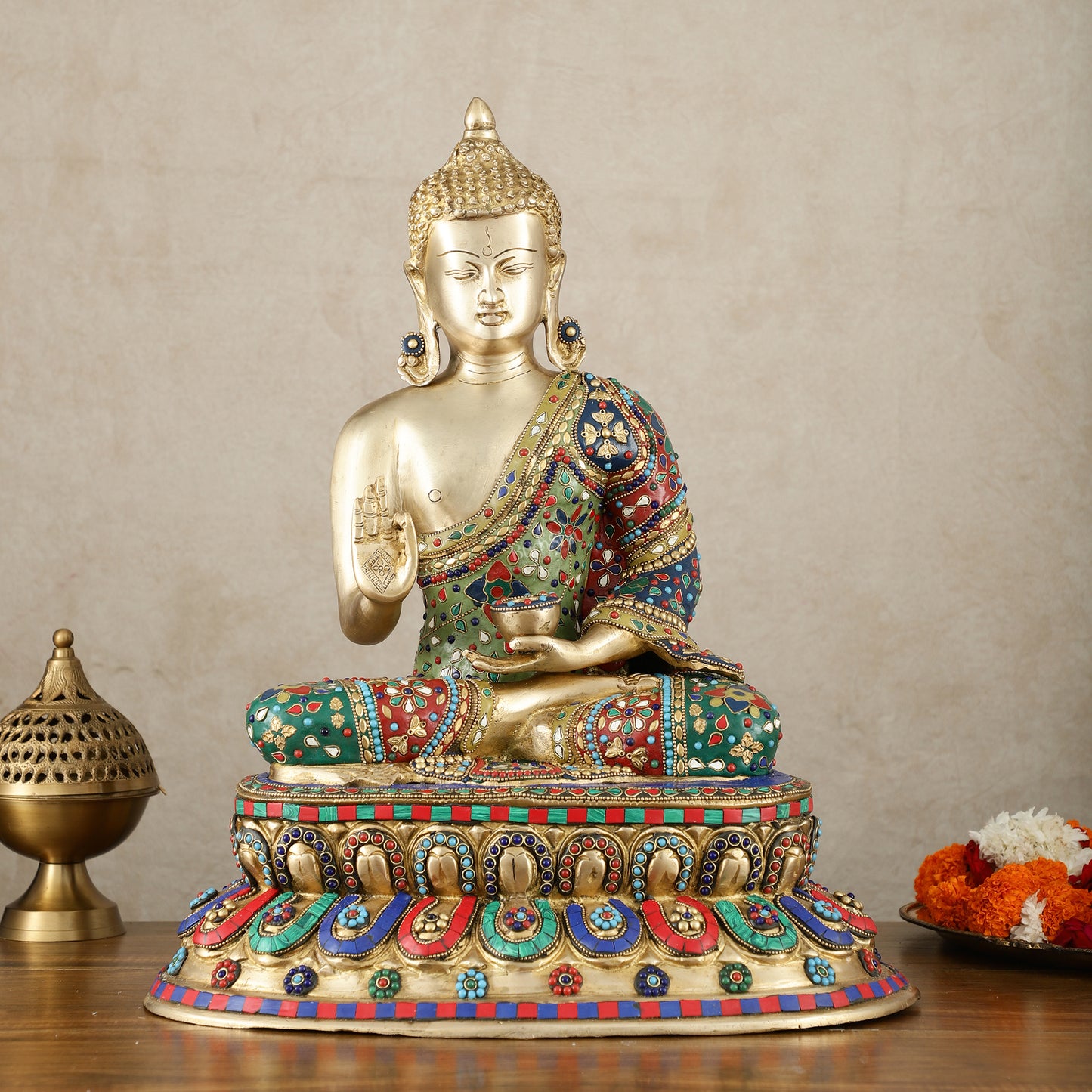 Pure Brass Blessing Buddha Idol with Mosaic Floral Stonework - 20 Inch