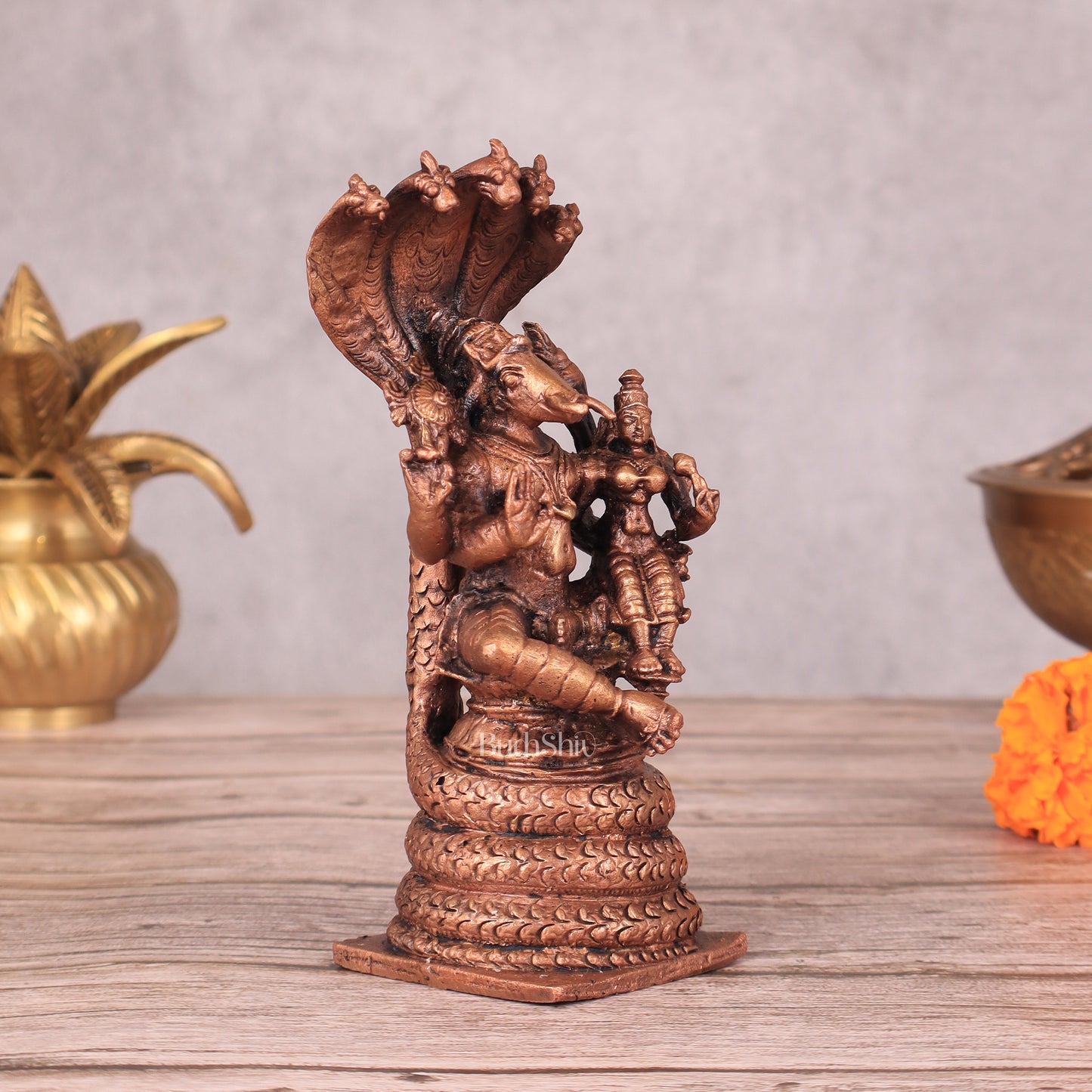 Pure Copper Hayagriva Lakshmi Idol Seated on Sheshnaag - 5.5 Inch