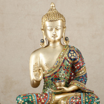 Pure Brass Blessing Buddha Idol with Mosaic Floral Stonework - 20 Inch