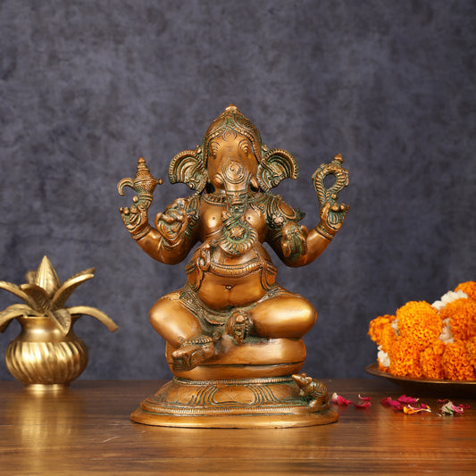 Pure Brass Chola Ganesha Statue - Antique Bronze Finish, 12"