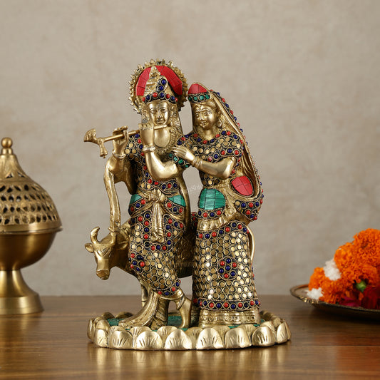 Brass Radha Krishna with cow idol 10 inch