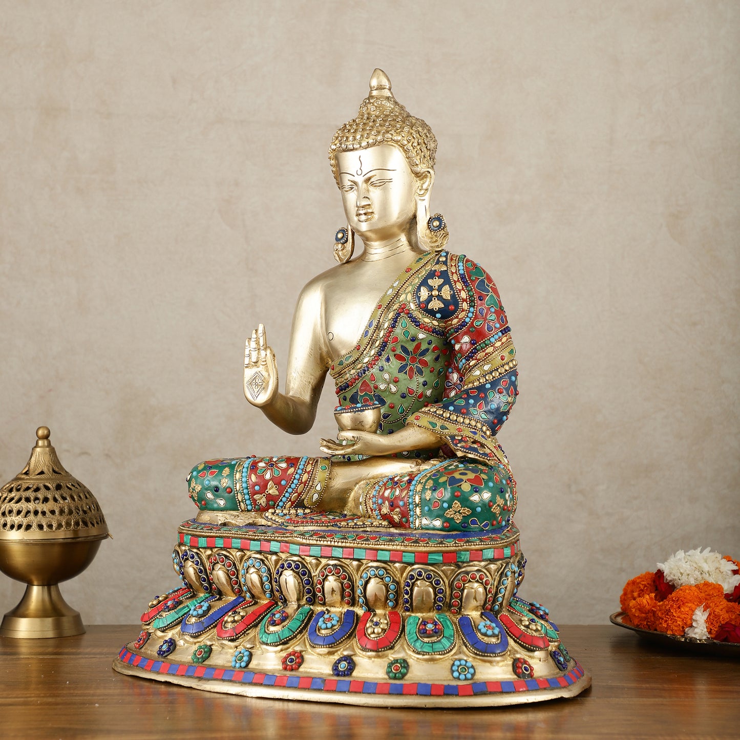 Pure Brass Blessing Buddha Idol with Mosaic Floral Stonework - 20 Inch