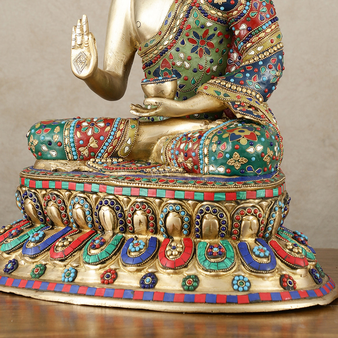 Pure Brass Blessing Buddha Idol with Mosaic Floral Stonework - 20 Inch