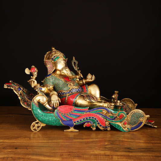 Large Brass Ganesha Resting on Peacock Bed with Stonework, 33" wide