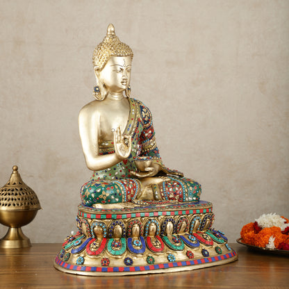 Pure Brass Blessing Buddha Idol with Mosaic Floral Stonework - 20 Inch