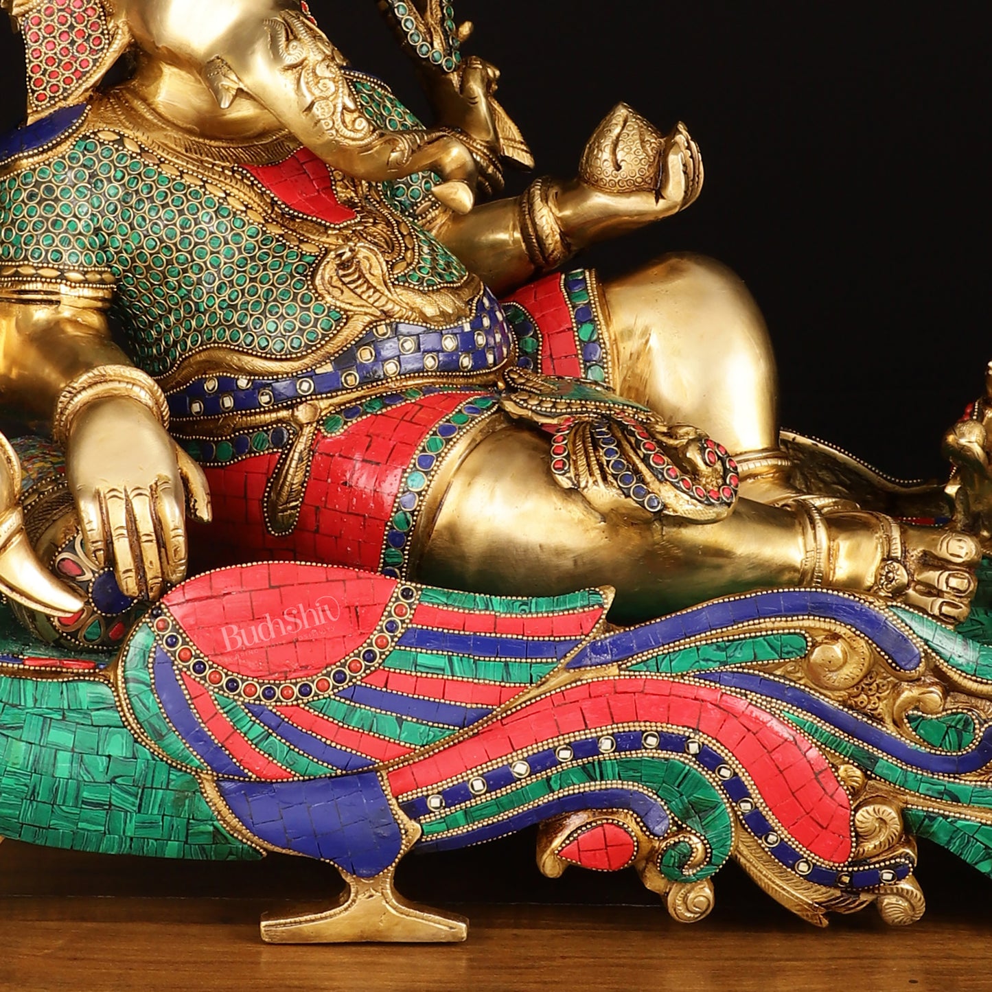 Large Brass Ganesha Resting on Peacock Bed with Stonework, 33" wide