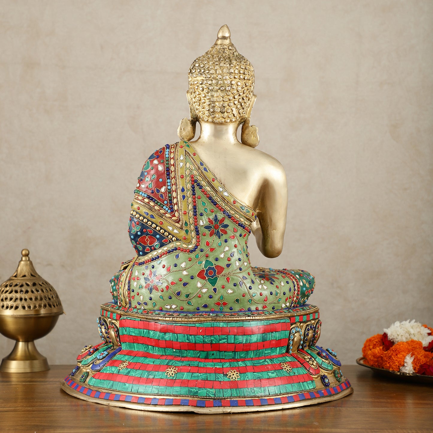 Pure Brass Blessing Buddha Idol with Mosaic Floral Stonework - 20 Inch