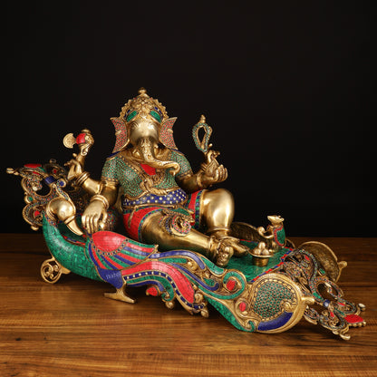 Large Brass Ganesha Resting on Peacock Bed with Stonework, 33" wide