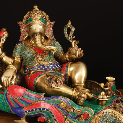 Large Brass Ganesha Resting on Peacock Bed with Stonework, 33" wide