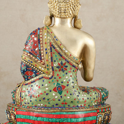 Pure Brass Blessing Buddha Idol with Mosaic Floral Stonework - 20 Inch