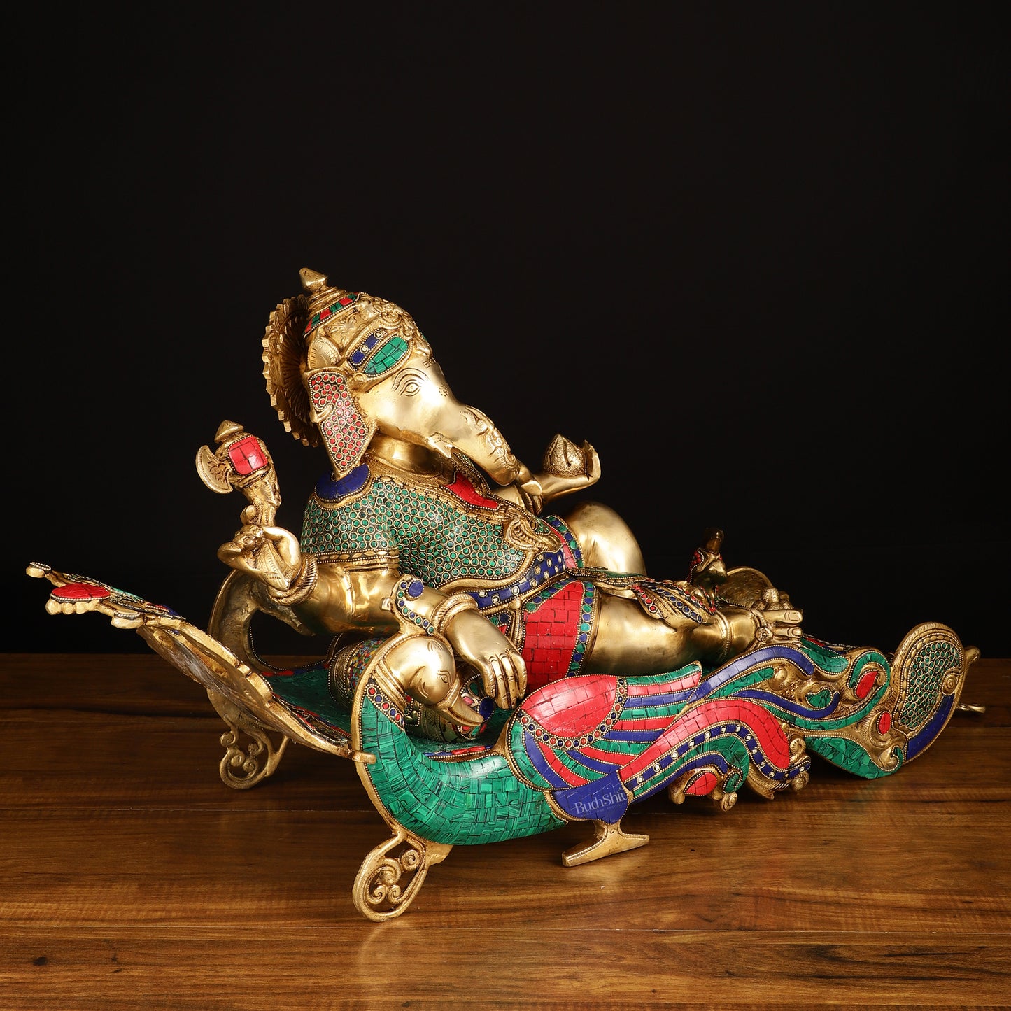 Large Brass Ganesha Resting on Peacock Bed with Stonework, 33" wide