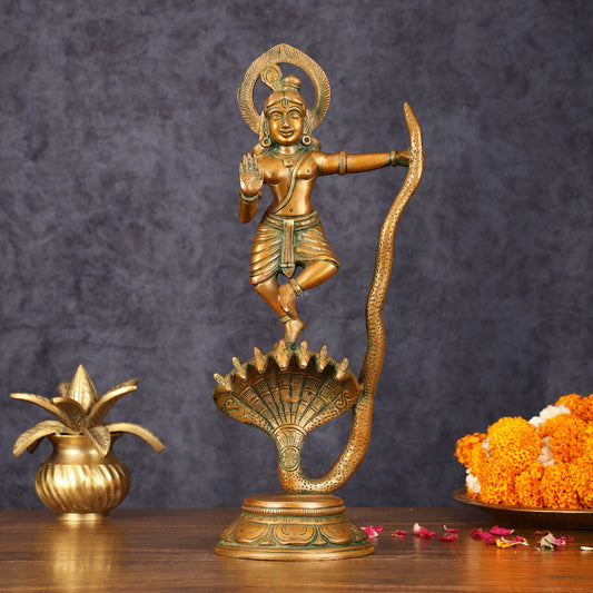 Brass Krishna Dancing on Kaliya Naag Idol - 13.20" Antique Bronze Finish